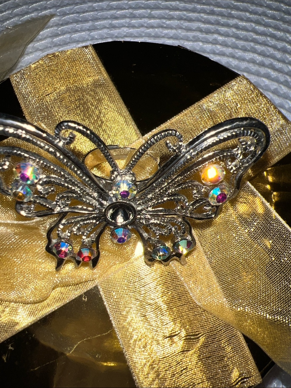 Silver Butterfly ring  with Aurora Rhinestones - Gold Accents